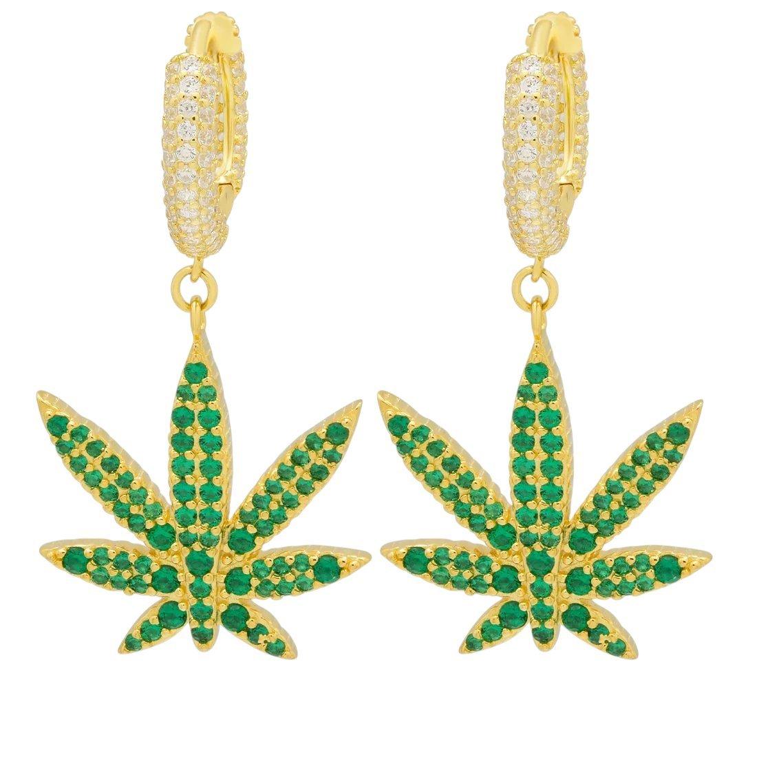 King Ice Emerald Cannabis Leaf Hanging Earrings - Gold - GOLD